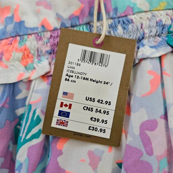 Joules Baby Ruffle Romper in Bue and Purple Print Aize 12-18 Months - Picture 3 of 5